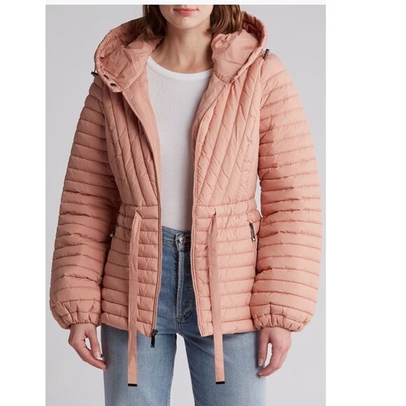 BCBGeneration Diagonal Seam Puffer Hooded Jacket Coral Pink Size Medium (8), NWT - Picture 5 of 16